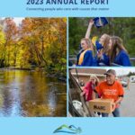 Cover of the 2023 Annual Report. Blue background, photo of Shenandoah River, three female graduates, and volunteer loading box in vehicle.