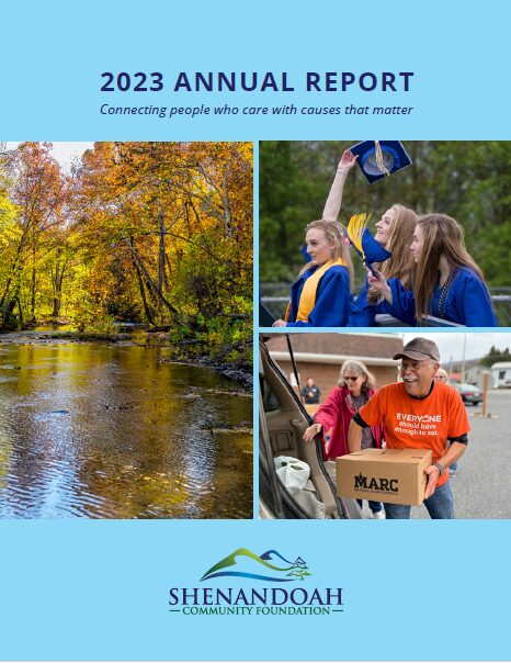 Cover of the 2023 Annual Report. Blue background, photo of Shenandoah River, three female graduates, and volunteer loading box in vehicle.