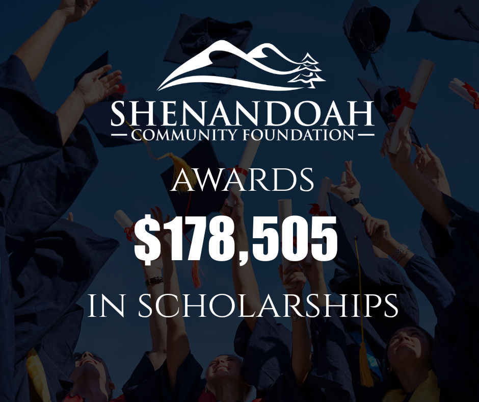 People in graduation attire cheer with diplomas beneath “Shenandoah Community Foundation Awards $178,505 in Scholarships” text. Blue sky background.