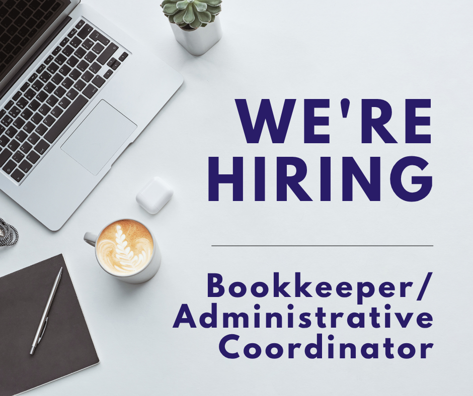 Laptop, coffee, notebook on desk next to "We're Hiring" text. Job vacancy for Bookkeeper/Administrative Coordinator. Plants and AirPods enhance the workspace setting.