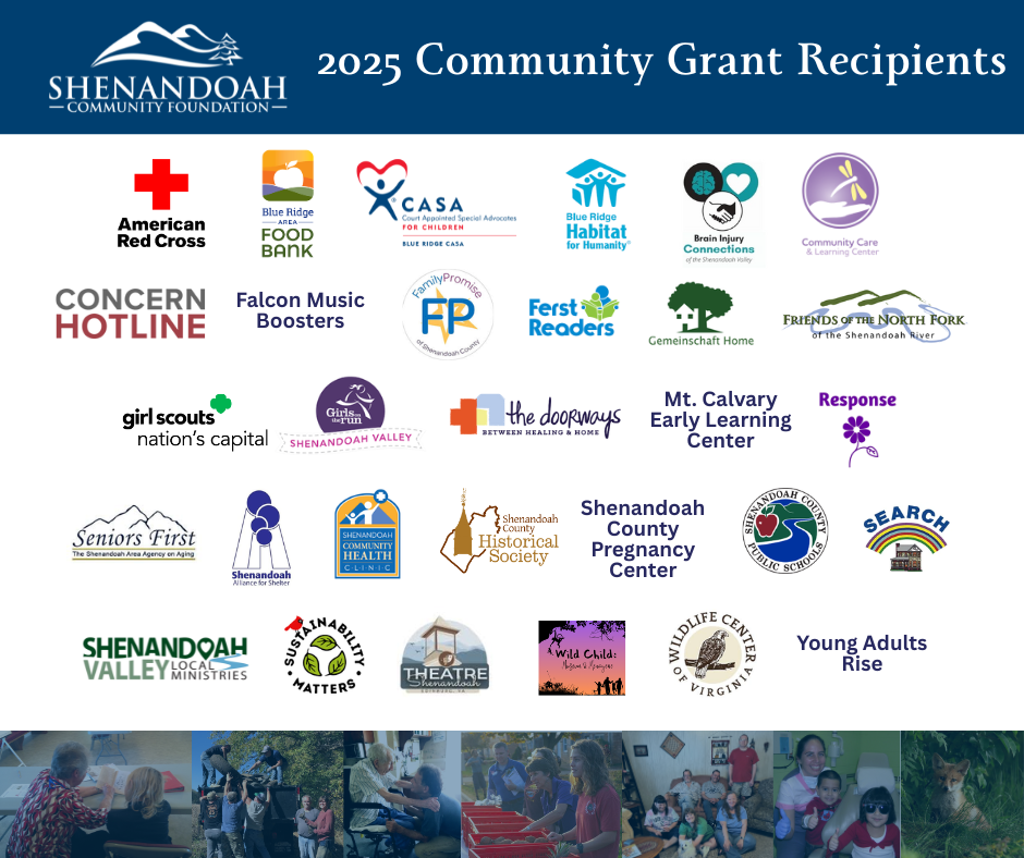 Logos of various community organizations as 2025 grant recipients by Shenandoah Community Foundation, including American Red Cross and Habitat for Humanity.
